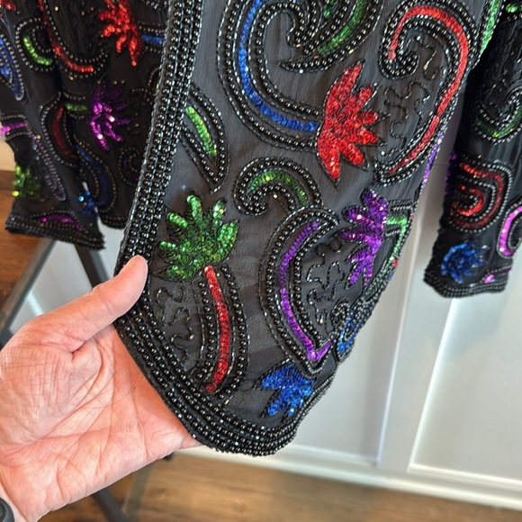 Vintage 80s Silk Sequin Beaded Long Sleeve ART DECO Jacket small India by Carina - Picture 5 of 15